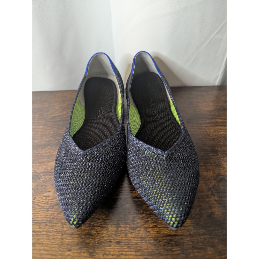 Rothys The Point Navy Metallic Mermaid Knit Pointed Toe Flats Shoes Womens 8